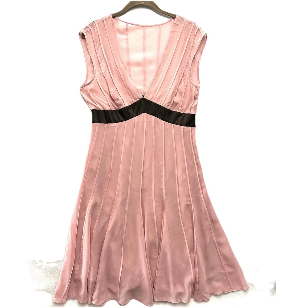 Vintage Y2K BCBG Large L Babydoll 100% Silk Chiffon Petal Pink Chocolate Brown - Picture 2 of 15